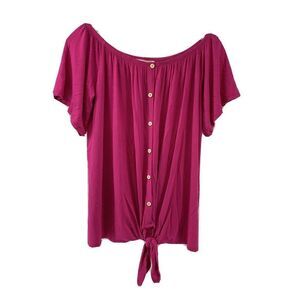 Cherish Pink Tie Button Front Boat Neck Top Medium